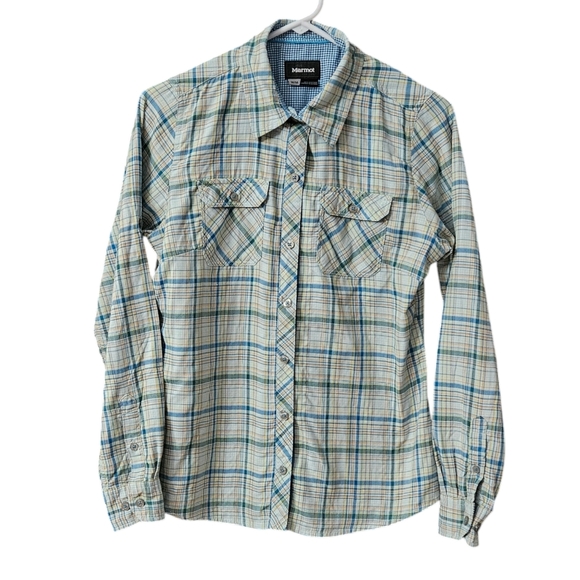 Marmot Women's Plaid Long Sleeve Button Up Shirt Size M Roll Tab Sleeves - Picture 1 of 13